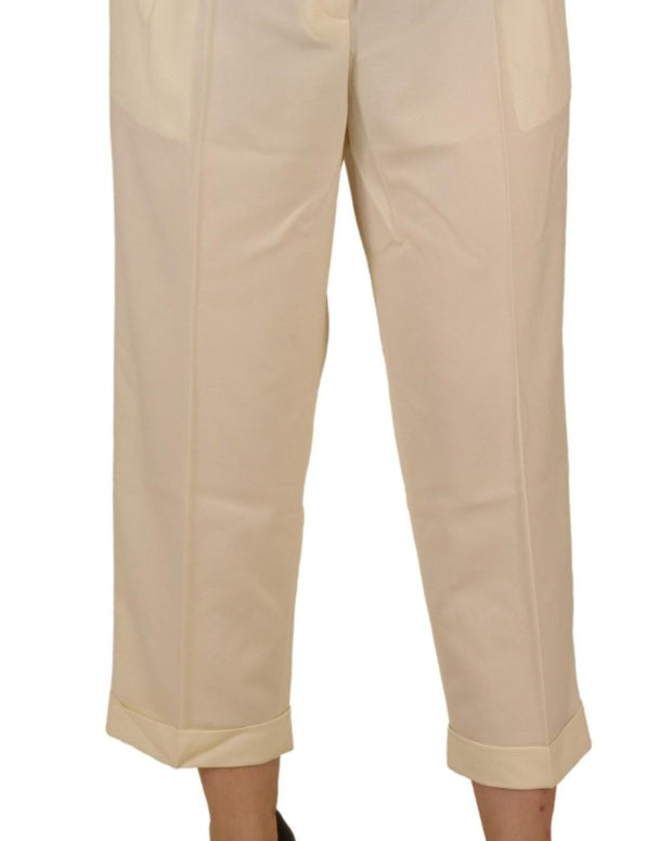 Ivory High Waist Cropped Folded Hem Trousers Pants