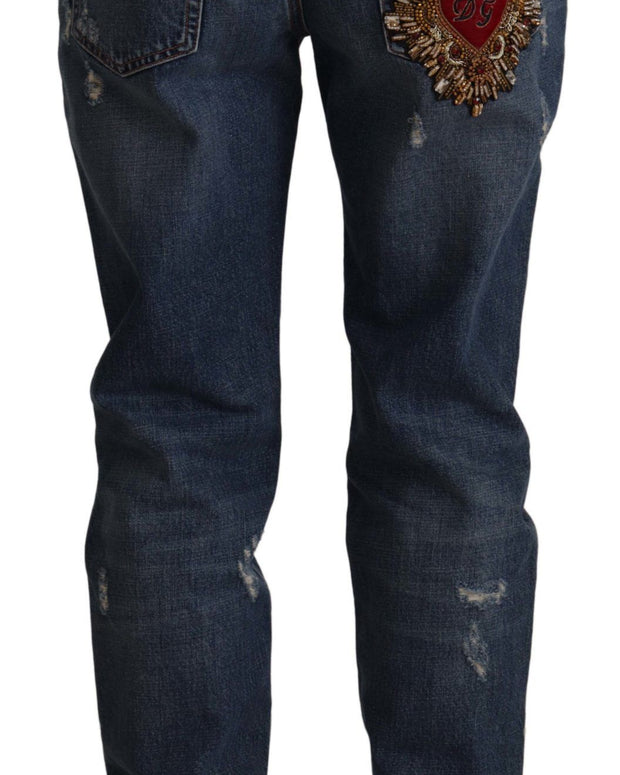 Blue Denim Baroque Heart Logo Patch Pants Jeans