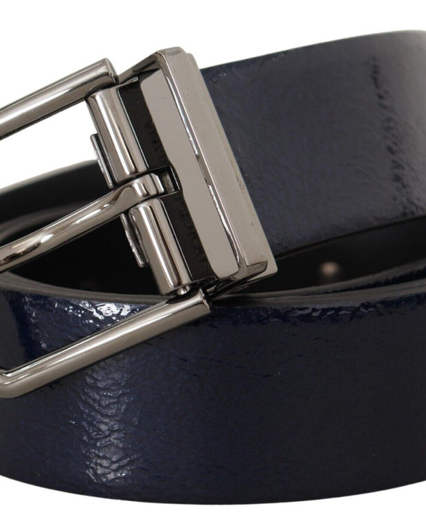 Blue Patent Leather Vernice Silver Logo Buckle Belt