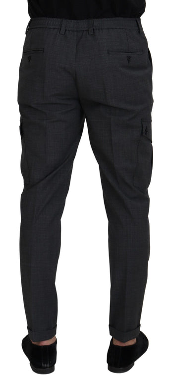 Gray Checked Cargo Trousers Stretch Pants