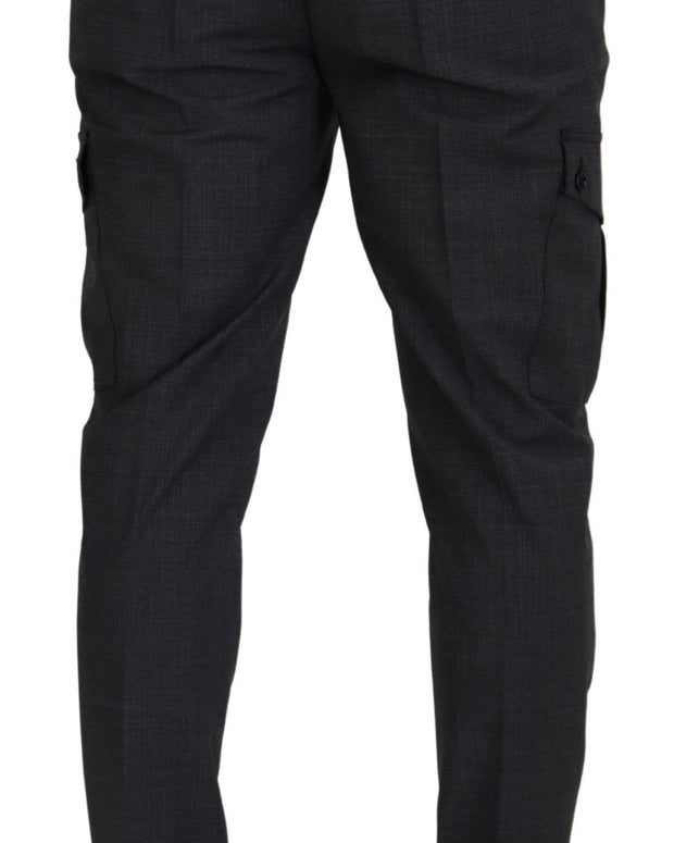 Gray Checked Cargo Trousers Stretch Pants