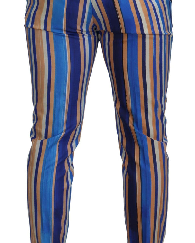 Blue Striped Silk Cotton Slim Trousers Pants