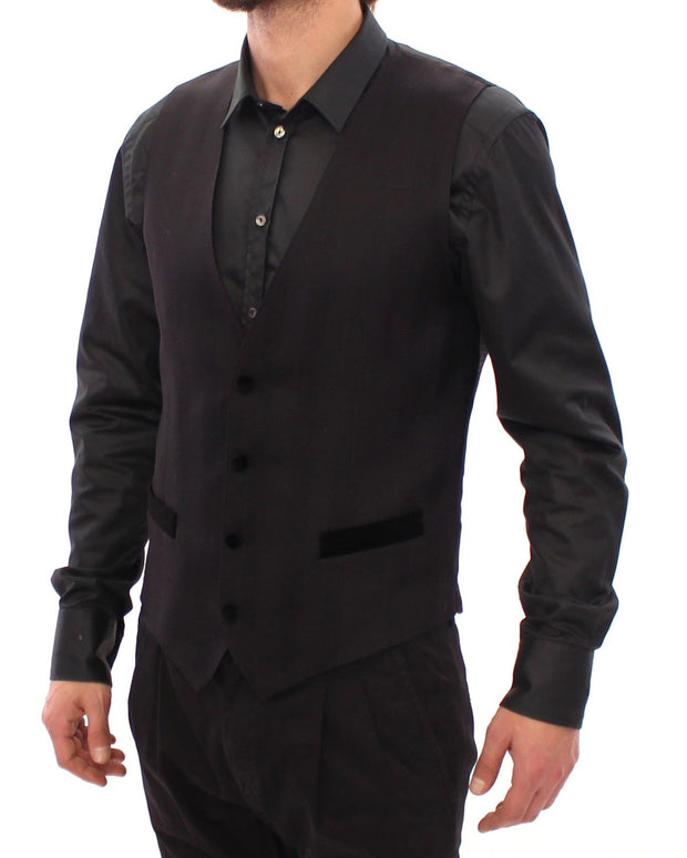 Elegant Black Wool Silk Blend Dress Vest
