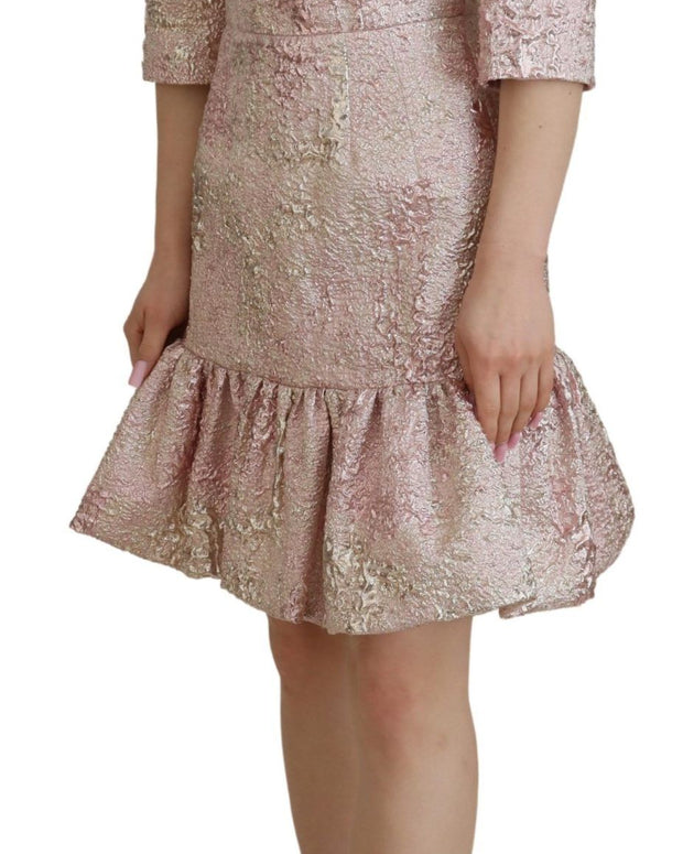 Pink Jaquard 3/4 Sleeve Sheath Midi Dress