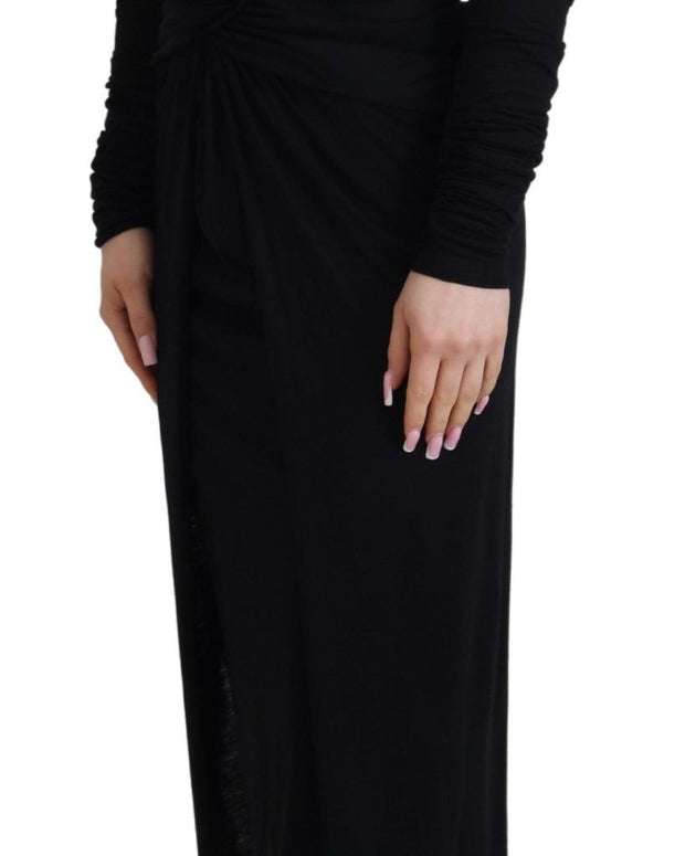 Black Sheath Midi Gown Wool Wrap Dress