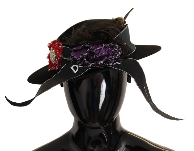 Black Lapil Crystal Heart Feather Brooch Fedora Hat
