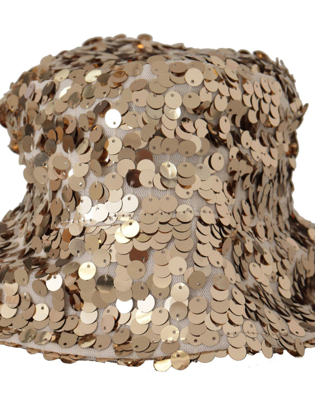 Gold Silk Sequin Embellished Designer Brim Bucket Hat
