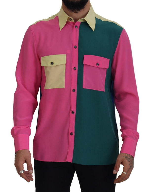 Multicolor Patchwork Silk Button Down Shirt