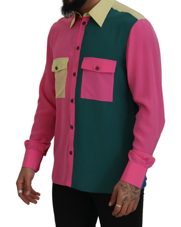 Multicolor Patchwork Silk Button Down Shirt