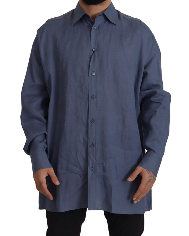 Dark Blue Linen Slim Fit Dress Formal Men Shirt