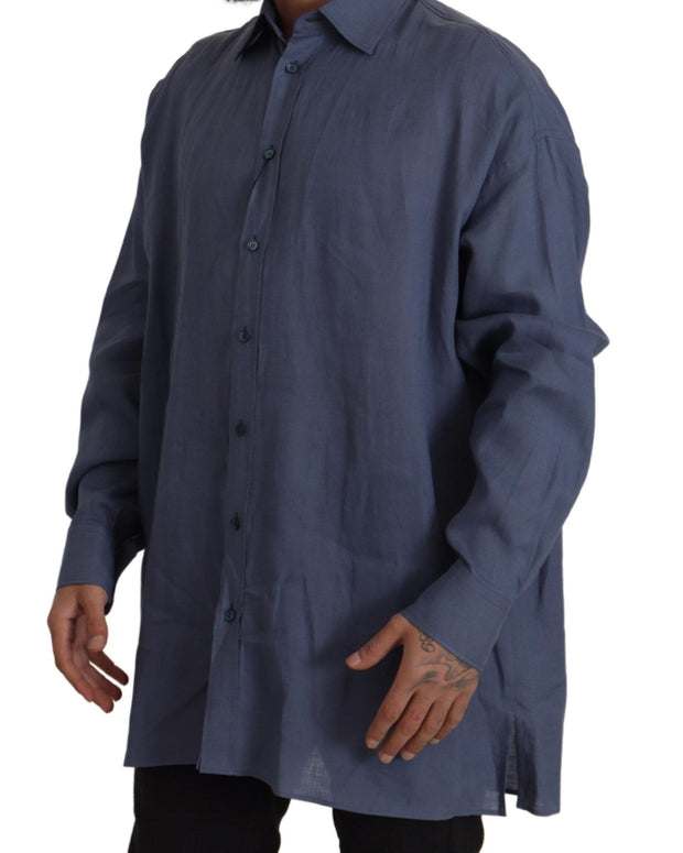 Dark Blue Linen Slim Fit Dress Formal Men Shirt