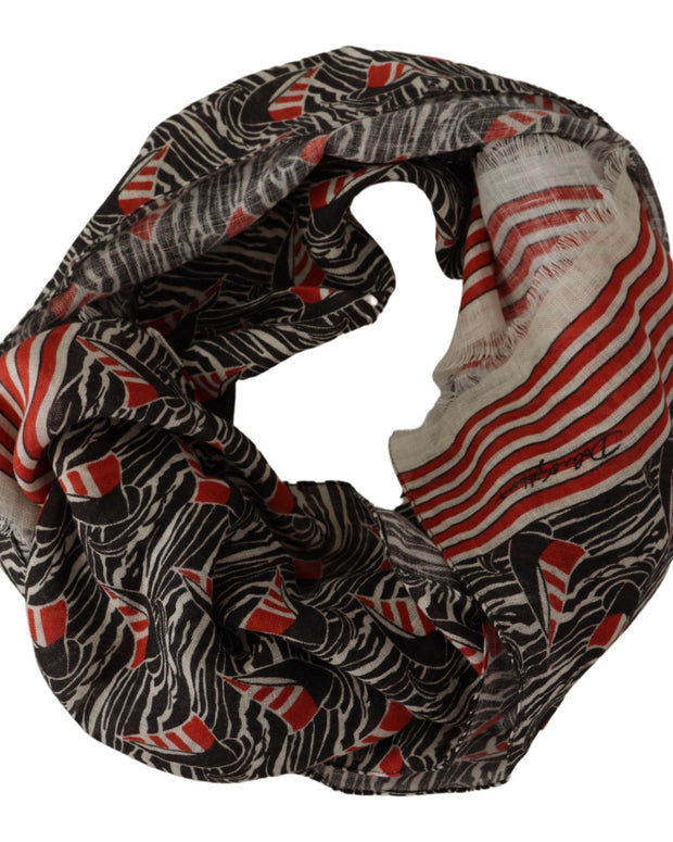 Black Red Linen Sailboat Stripe Print Shawl Scarf