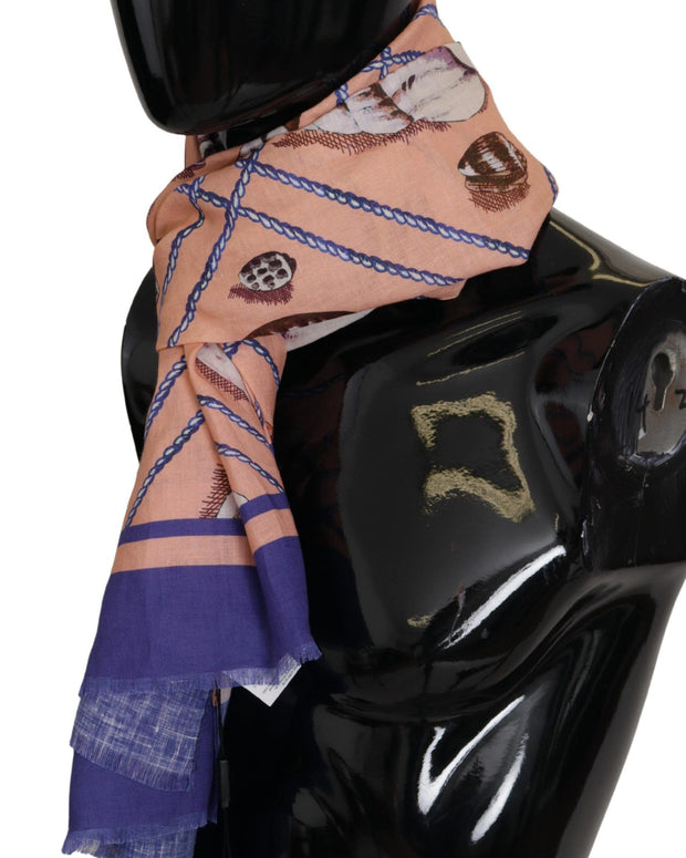 Blue Linen Seashell Pattern Mens Wrap Shawl Scarf