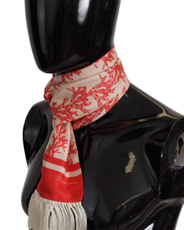 White Red Coral Print Shawl Wrap Fringe Scarf