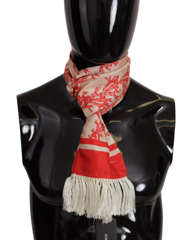 White Red Coral Print Shawl Wrap Fringe Scarf