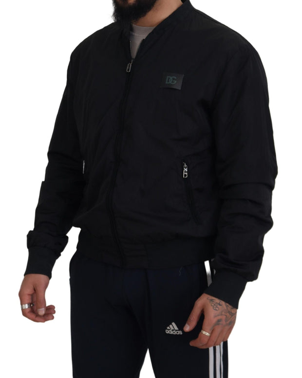 Black Nylon Logo Bomber Zipper Jacket