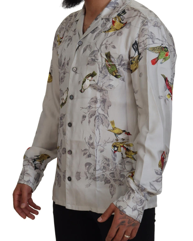 White Bird Print Silk Satin Casual Shirt