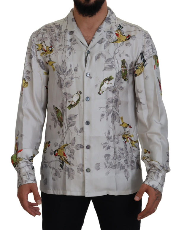 White Bird Print Silk Satin Casual Shirt