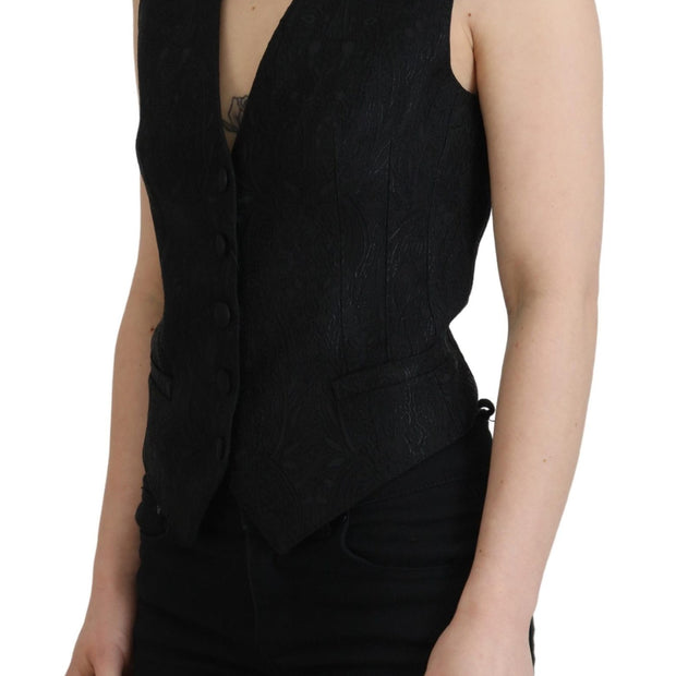 Elegant Black Silk Blend Waistcoat Vest