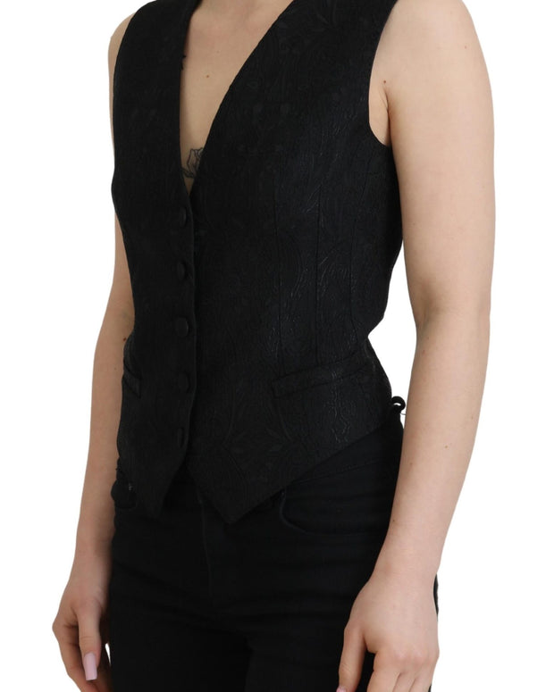 Black Brocade Button Down Sleeveless Vest Top