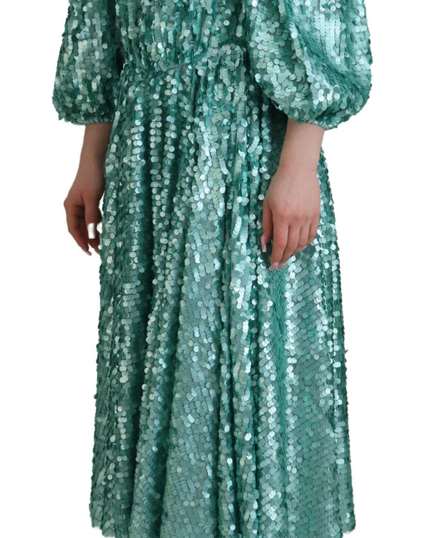 Blue Sequined Pleated Aline Midi Nylon Dress