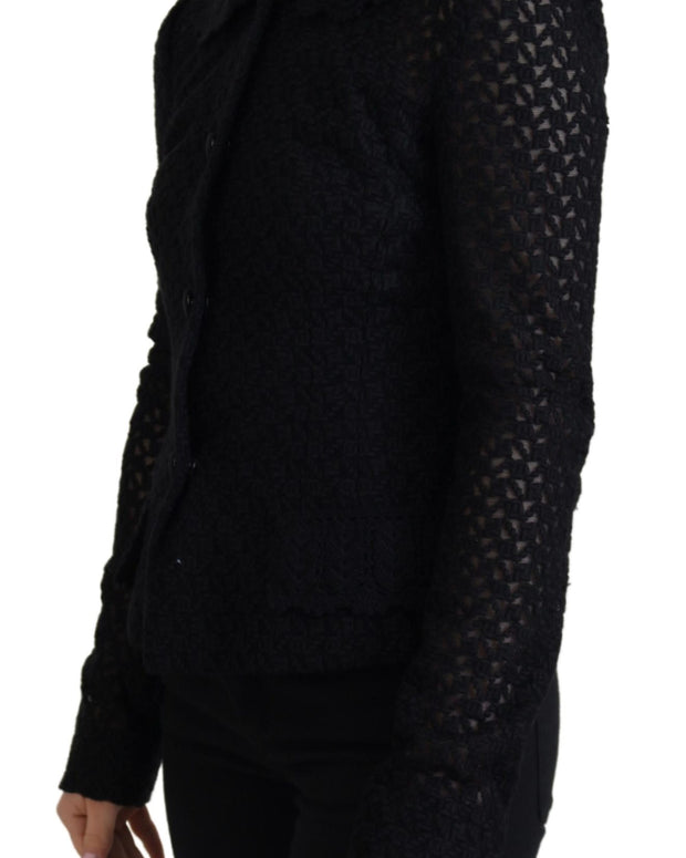 Black Wool Knitted Button Down Collar Jacket