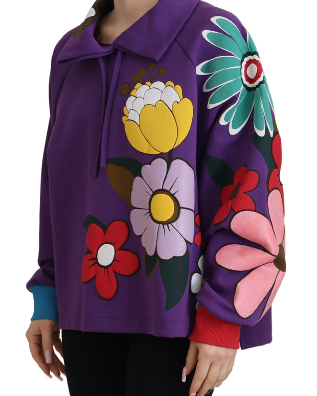 Purple Floral Print Pullover  Cotton Sweater