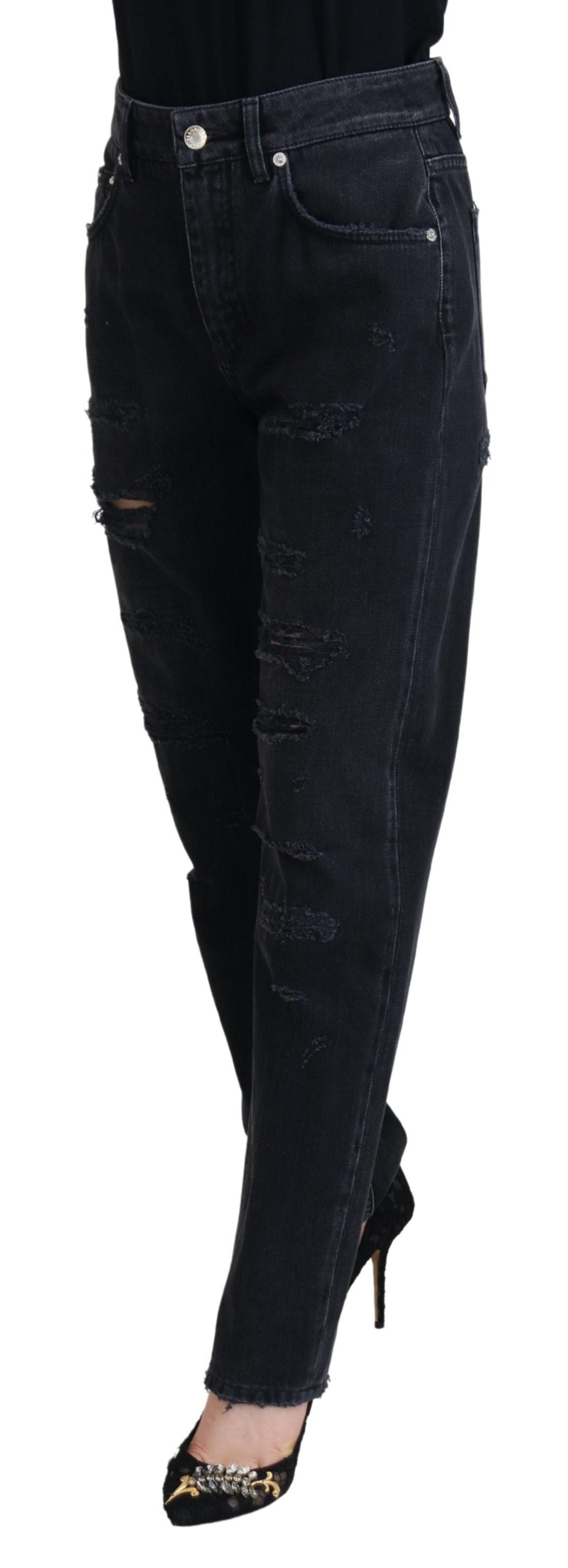 Black Cotton Tattered High Waist Denim Jeans