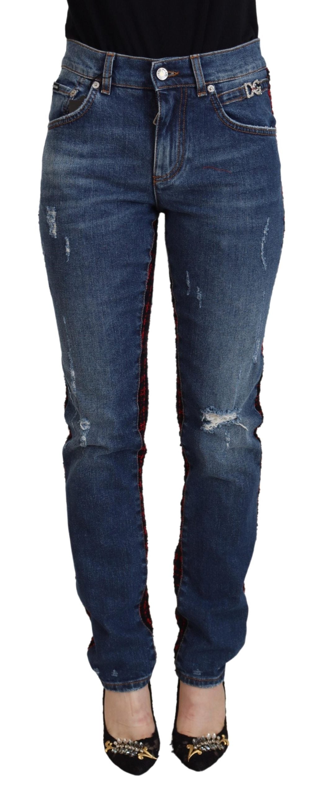 Blue Checkered Back Skinny Denim Jeans