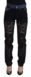 Black Floral Lace Front Skinny Denim Jeans