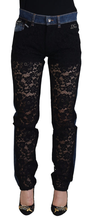 Black Floral Lace Front Skinny Denim Jeans