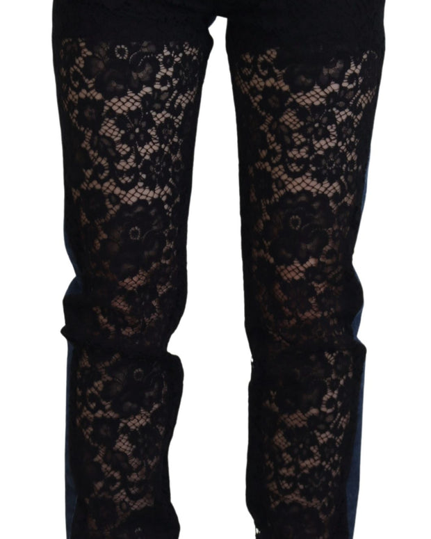 Black Floral Lace Front Skinny Denim Jeans