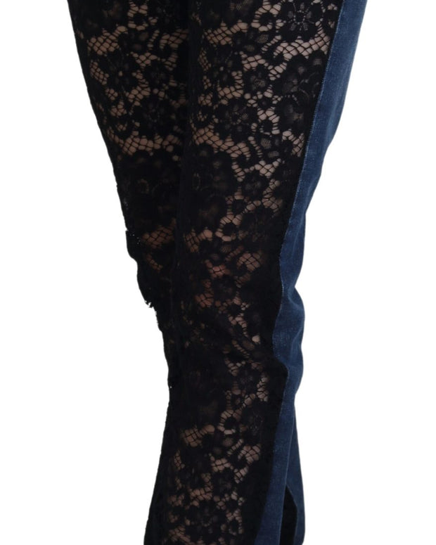 Black Floral Lace Front Skinny Denim Jeans