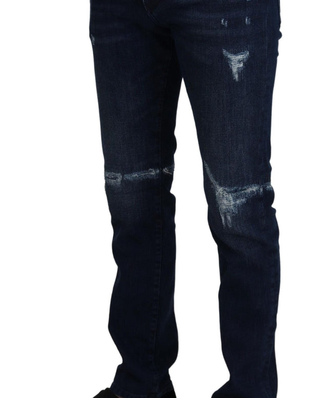 Blue Cotton Skinny Tattered Denim Jeans