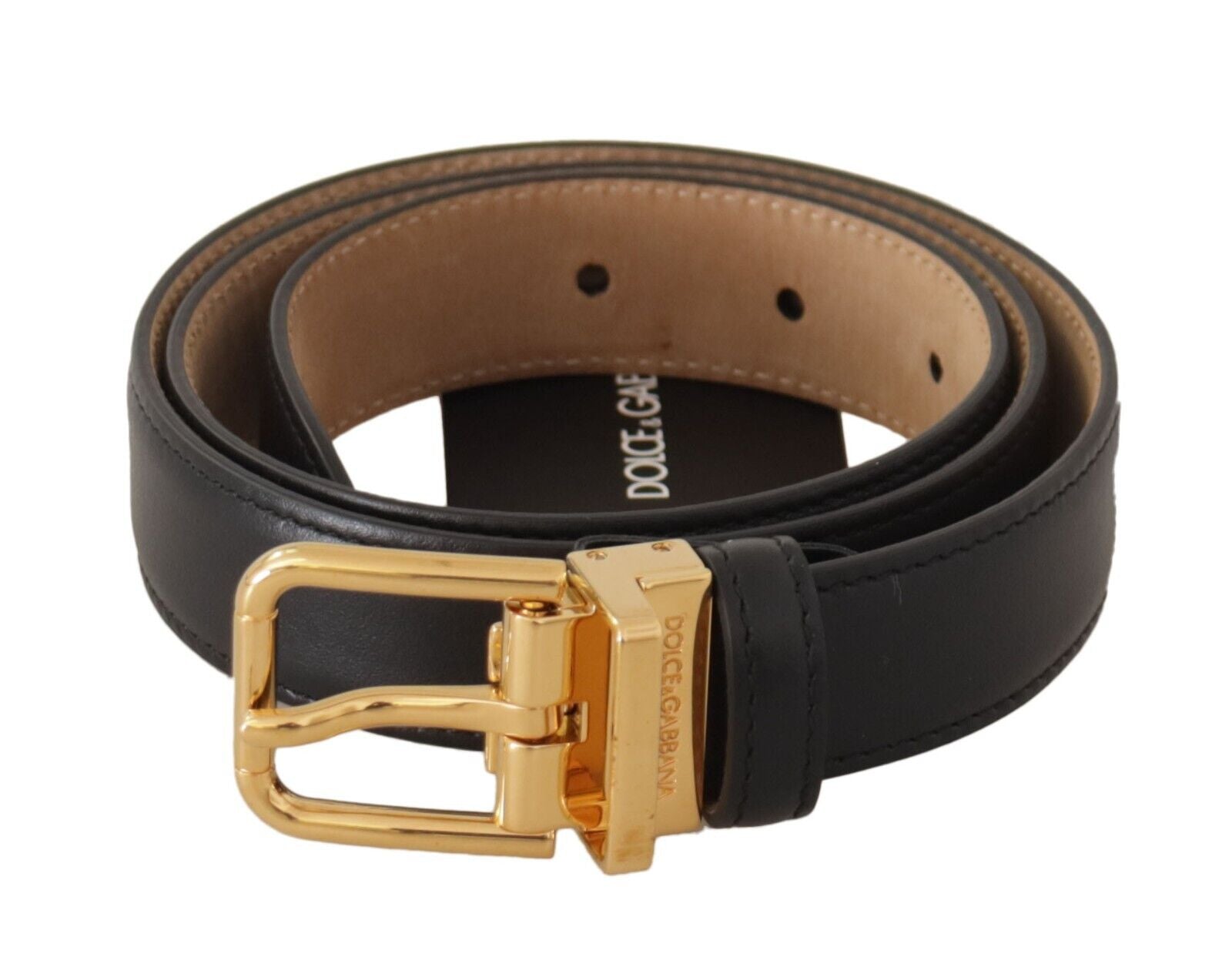 Elegant Black Leather Belt with Engraved Metal Buckle