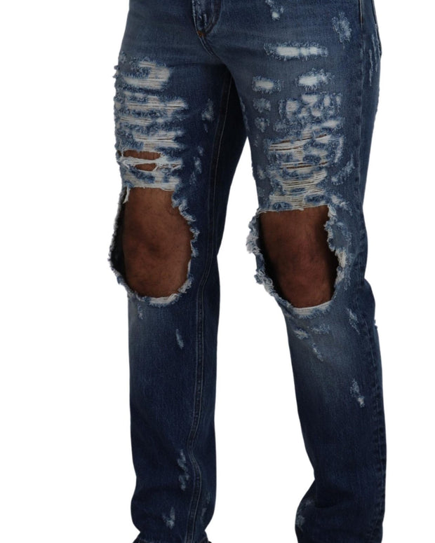 Blue Cotton Tattered Men Denim Jeans