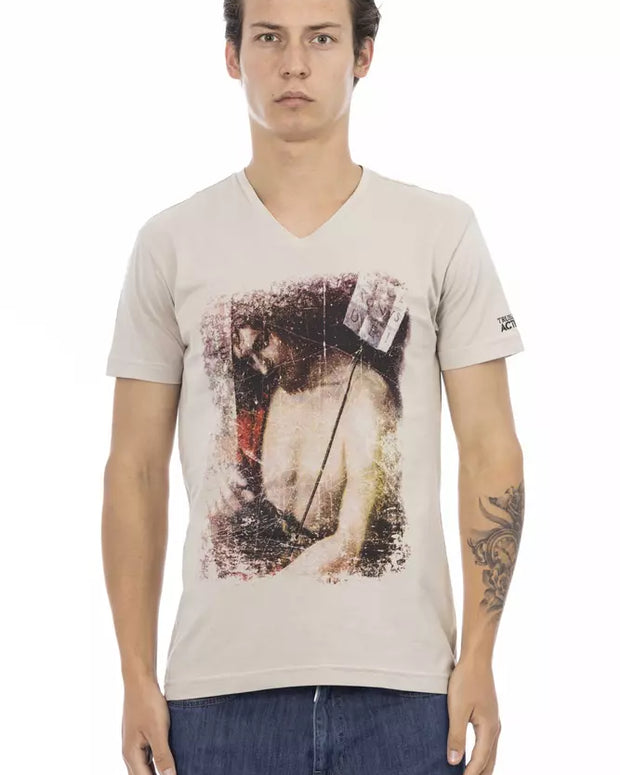 Beige Cotton Men V-neck T-shirt