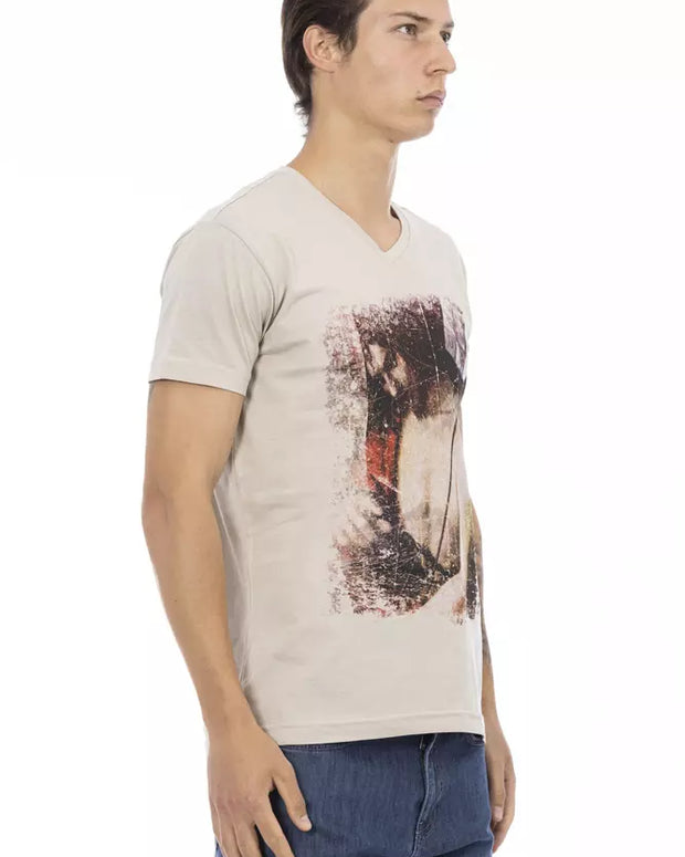 Beige Cotton Men V-neck T-shirt