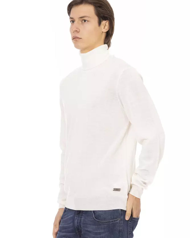 White Fabric Men Sweater with Turtleneck Design