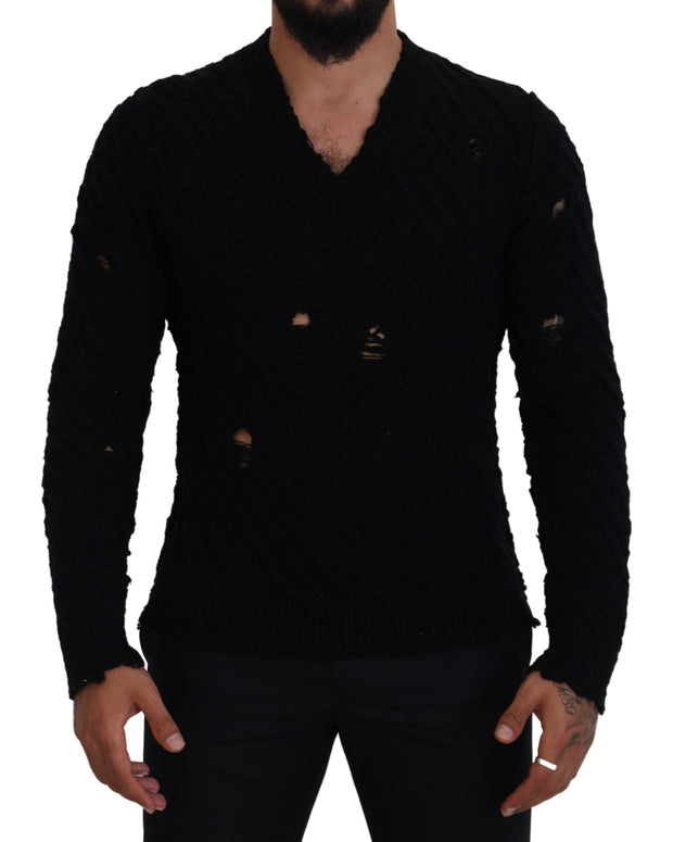 Black Wool V-neck Knitted Pullover Sweater