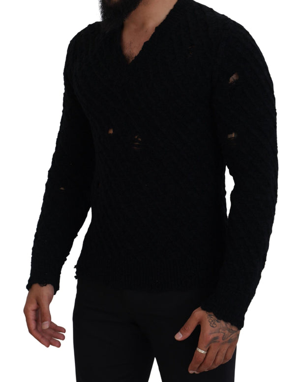 Black Wool V-neck Knitted Pullover Sweater