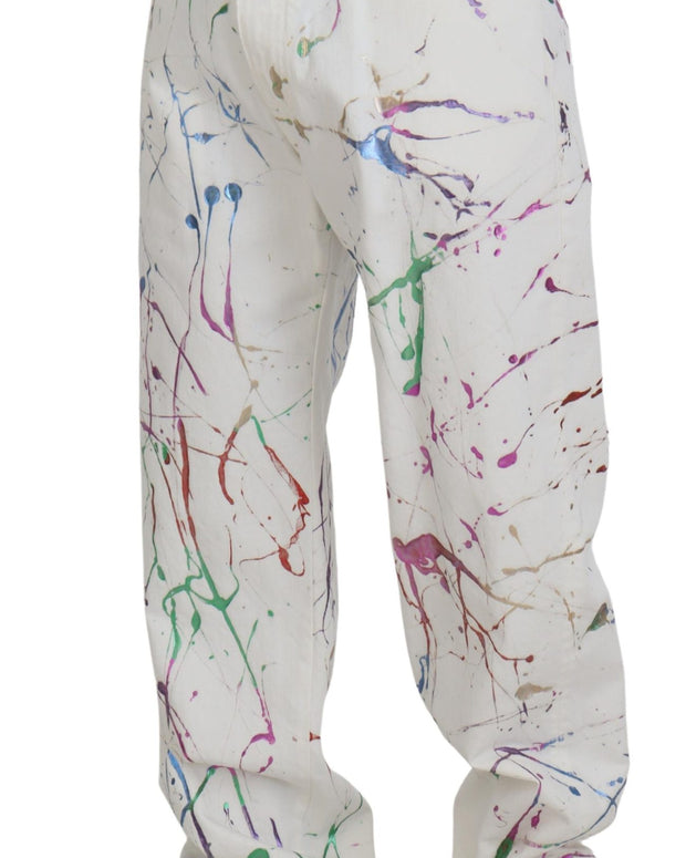 White Cotton Color Splash Print Denim Pants