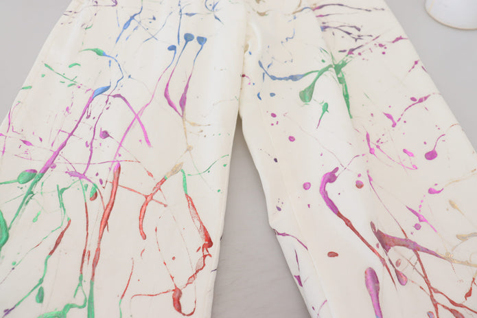 White Cotton Color Splash Print Denim Pants