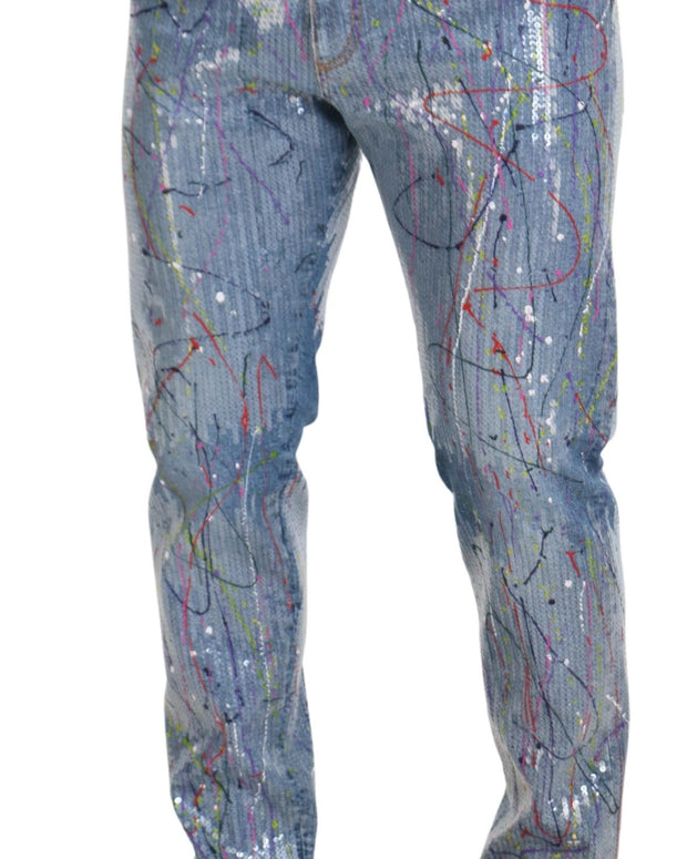 Blue Cotton Color Splash Print Denim Jeans