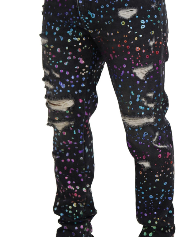 Black Multicolor Print Tattered Denim Jeans