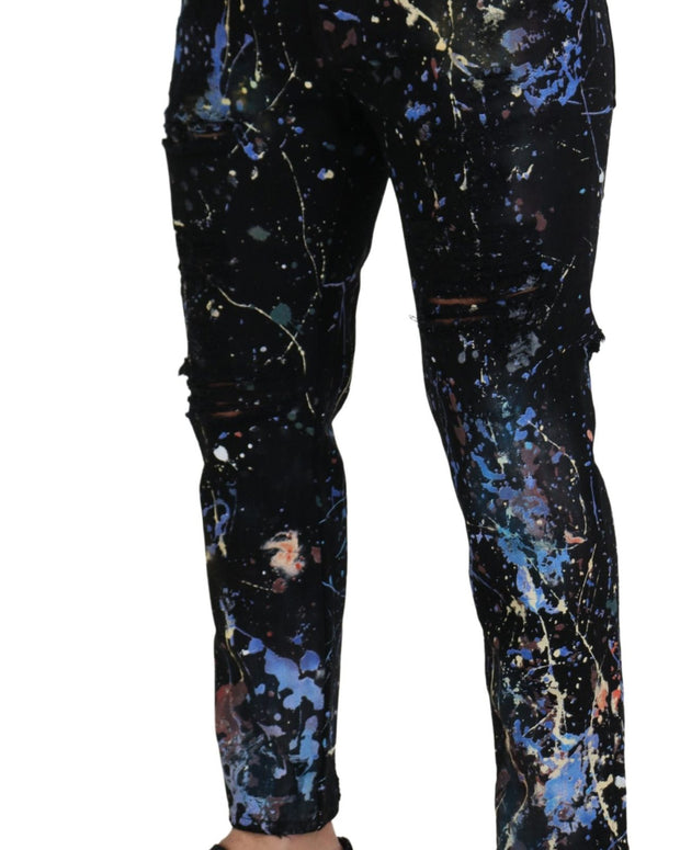 Black Cotton Color Splash Print Denim Jeans