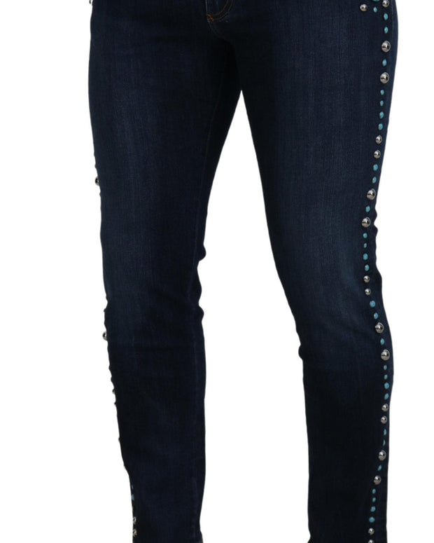 Blue Cotton Studded Low Waist Denim Jeans