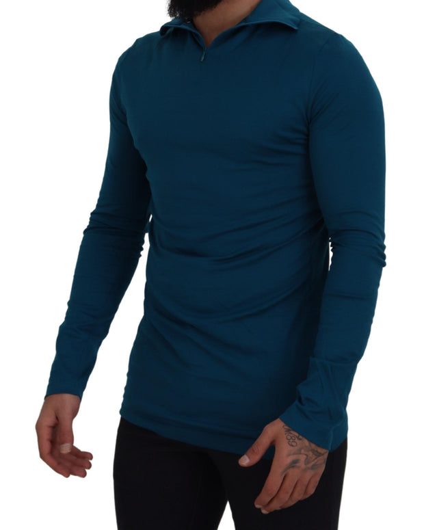 Blue Cotton Collared Slim Pullover Sweater