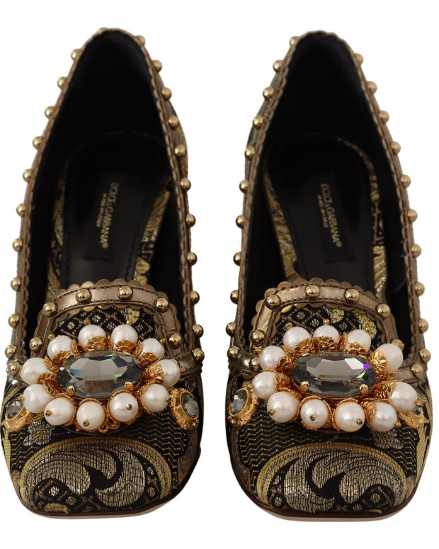 Gold Crystal Square Toe Brocade Pumps Shoes