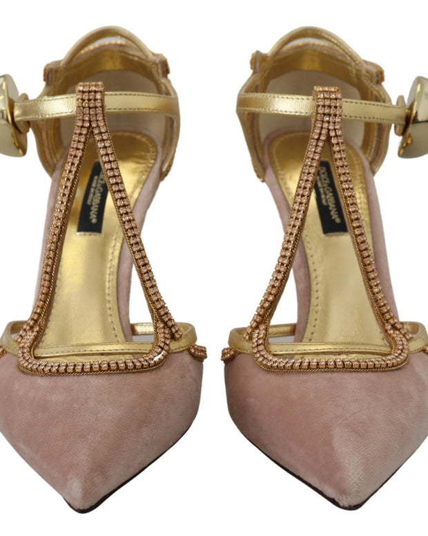 Pink Crystal T-strap Heels Pumps Shoes